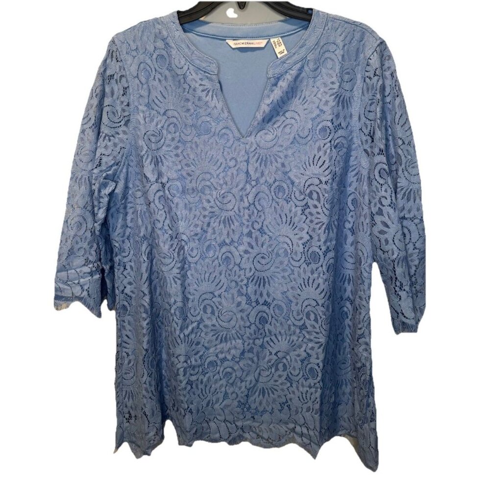 Isaac Mizrahi Live Blue Lace VNeck 3/4 Sleeve Womens Top LP NEW Whimsigoth Fairy